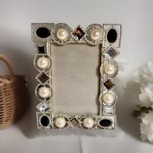 Glam Pearl &Rhinestone Picture Frame 4x6 Silver Ornate Vintage Decorative Style￼